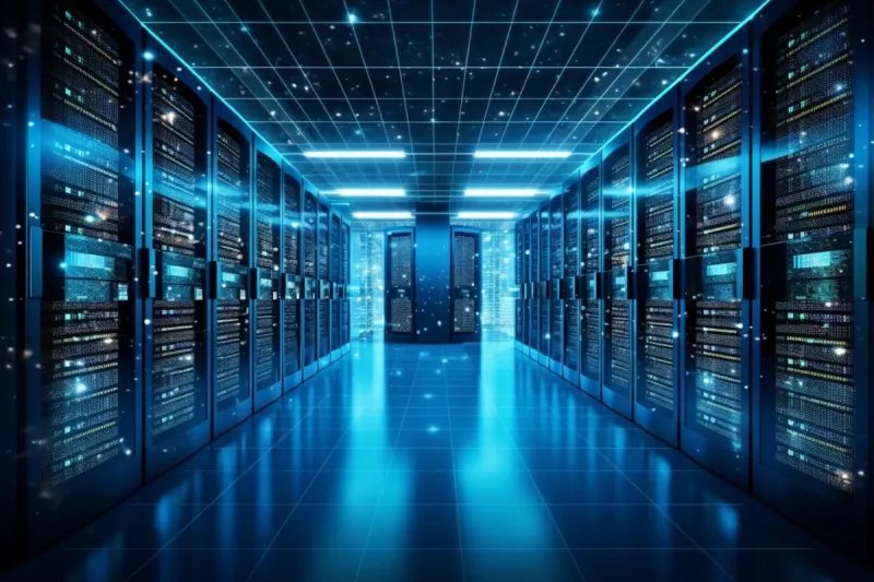 A long aisle of server racks lit in blue