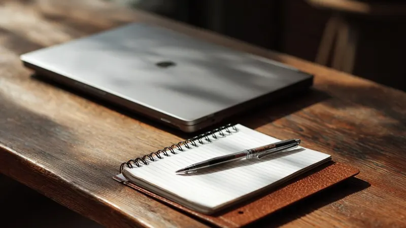 A closed laptop and a notebook with a pen on a wooden desk