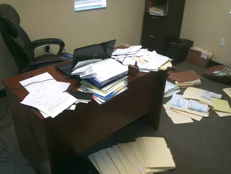 A desk buried under loose papers and files
