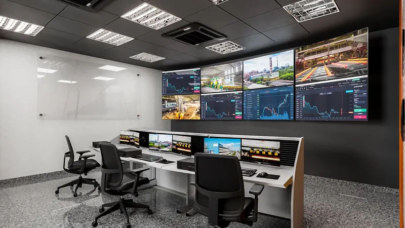 A control room with rows of screens