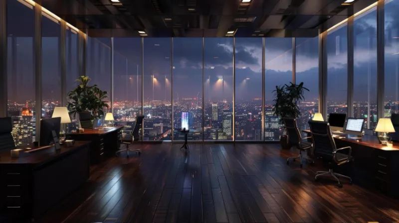 An office at dusk with the city through tall windows
