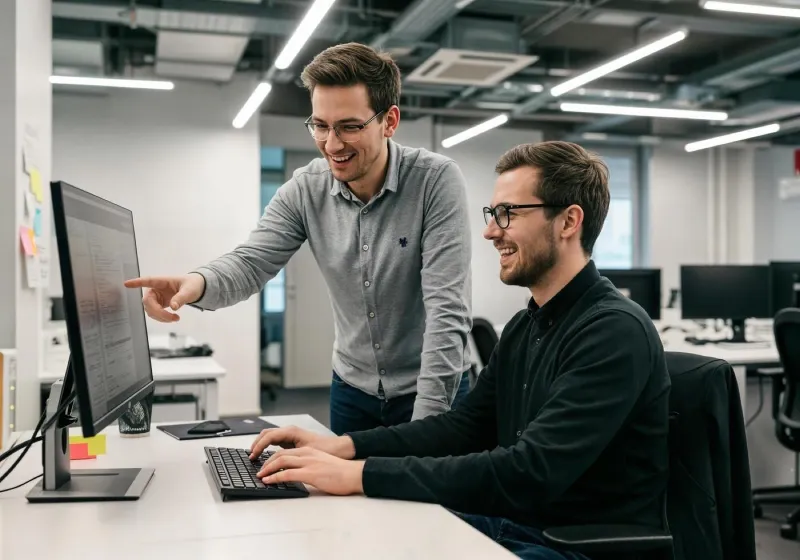 An engineer pointing at a screen while a colleague types at the desk
