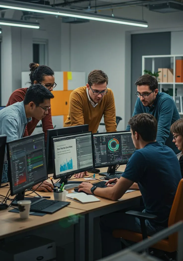 Engineers and an operations team working together at multi-monitor desks