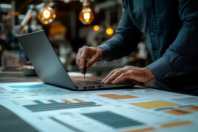 Hands on a laptop above printed charts on a desk