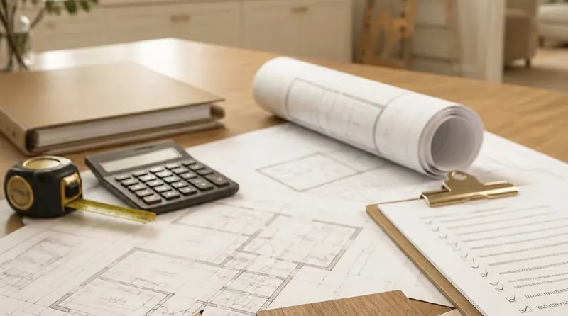 Plans and drawings spread on a desk