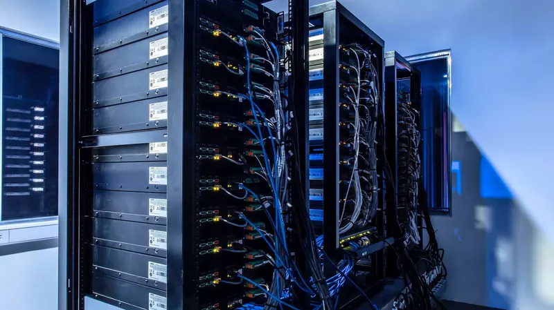 A server rack with patched cables