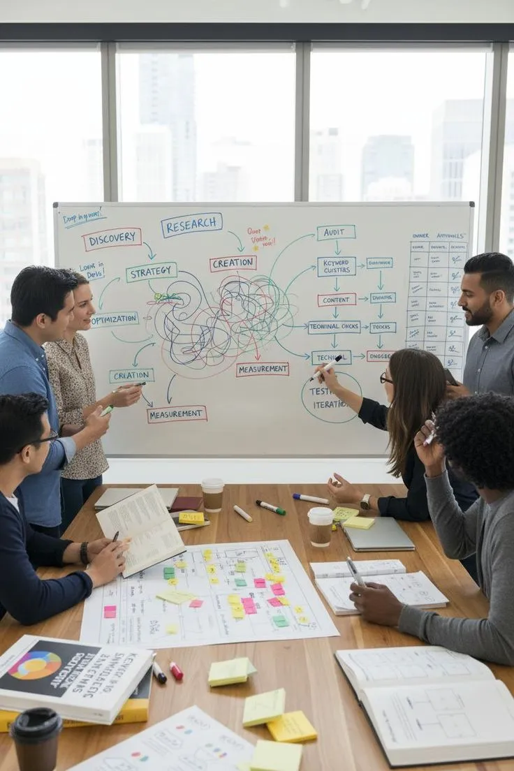 A team mapping a workflow on a whiteboard with sticky notes