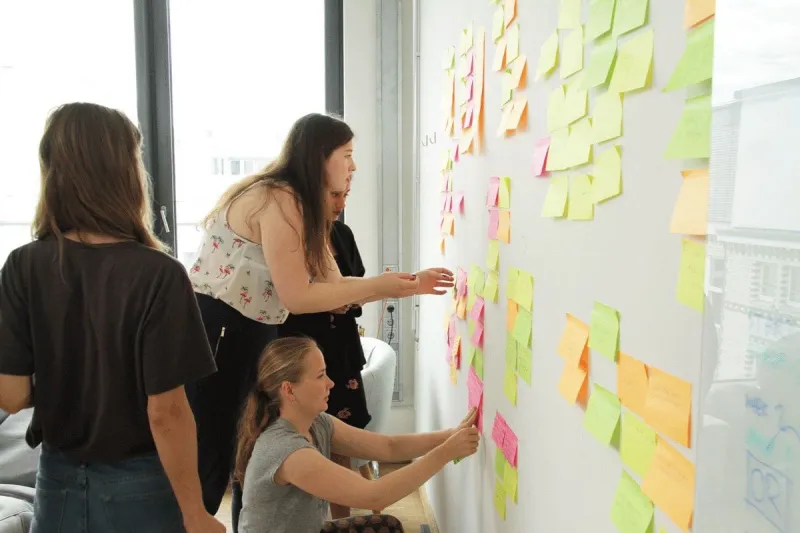 A team mapping a process with sticky notes on a wall