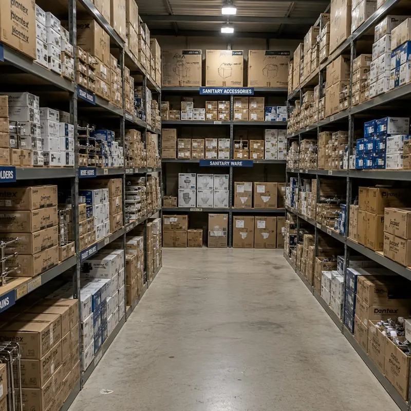 Warehouse shelving stocked with boxes