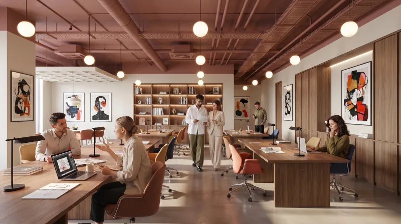 An open-plan office with a team at their desks