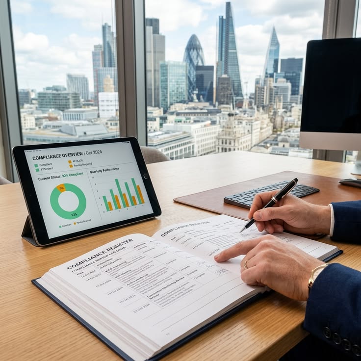 A person marking up a compliance register beside a tablet showing a compliance overview