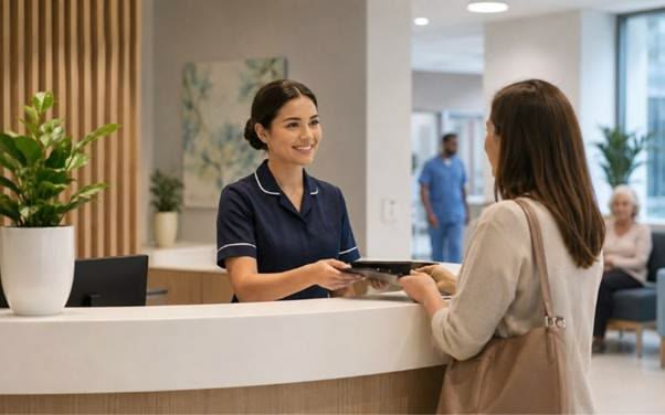 A receptionist greeting a patient at a clinic front desk