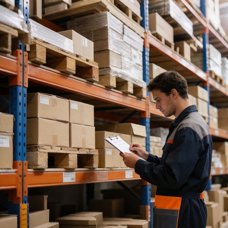 A warehouse worker checking stock on the shelves with a clipboard