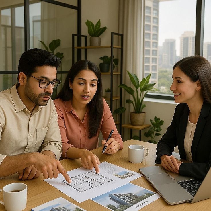 An agent reviewing property documents with clients