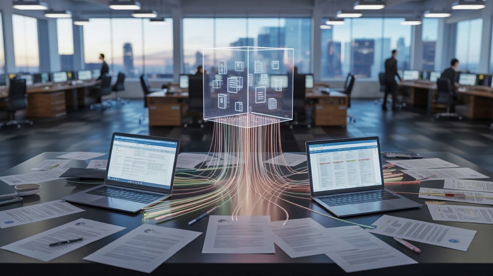 Printed documents on office desks connected by light trails to a data model