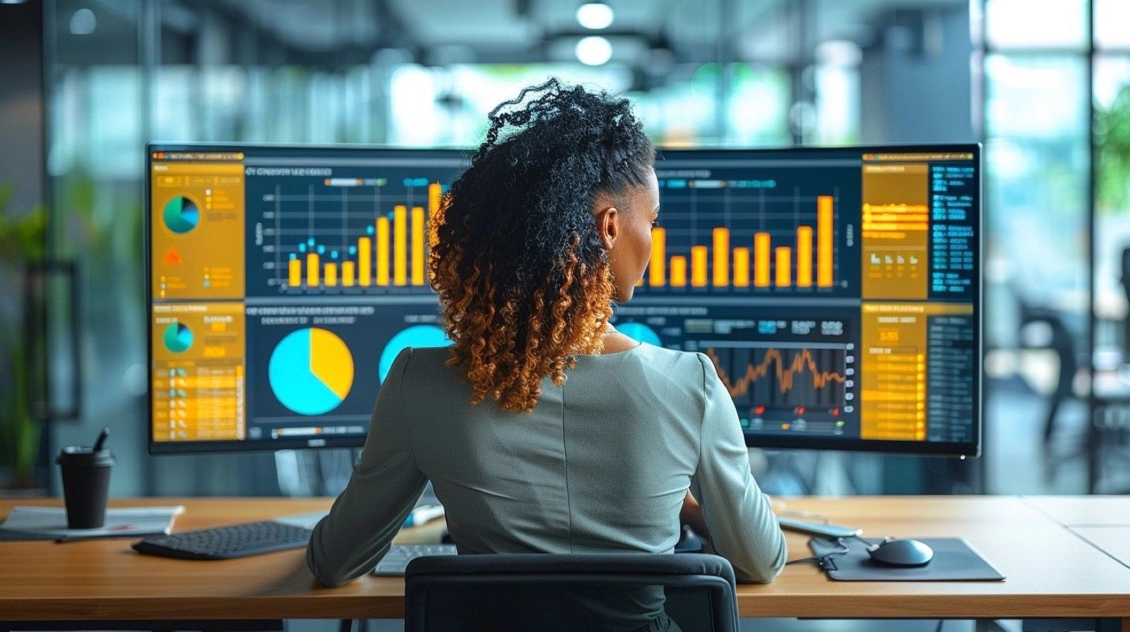 A reviewer at a desk studying charts on a wide monitor