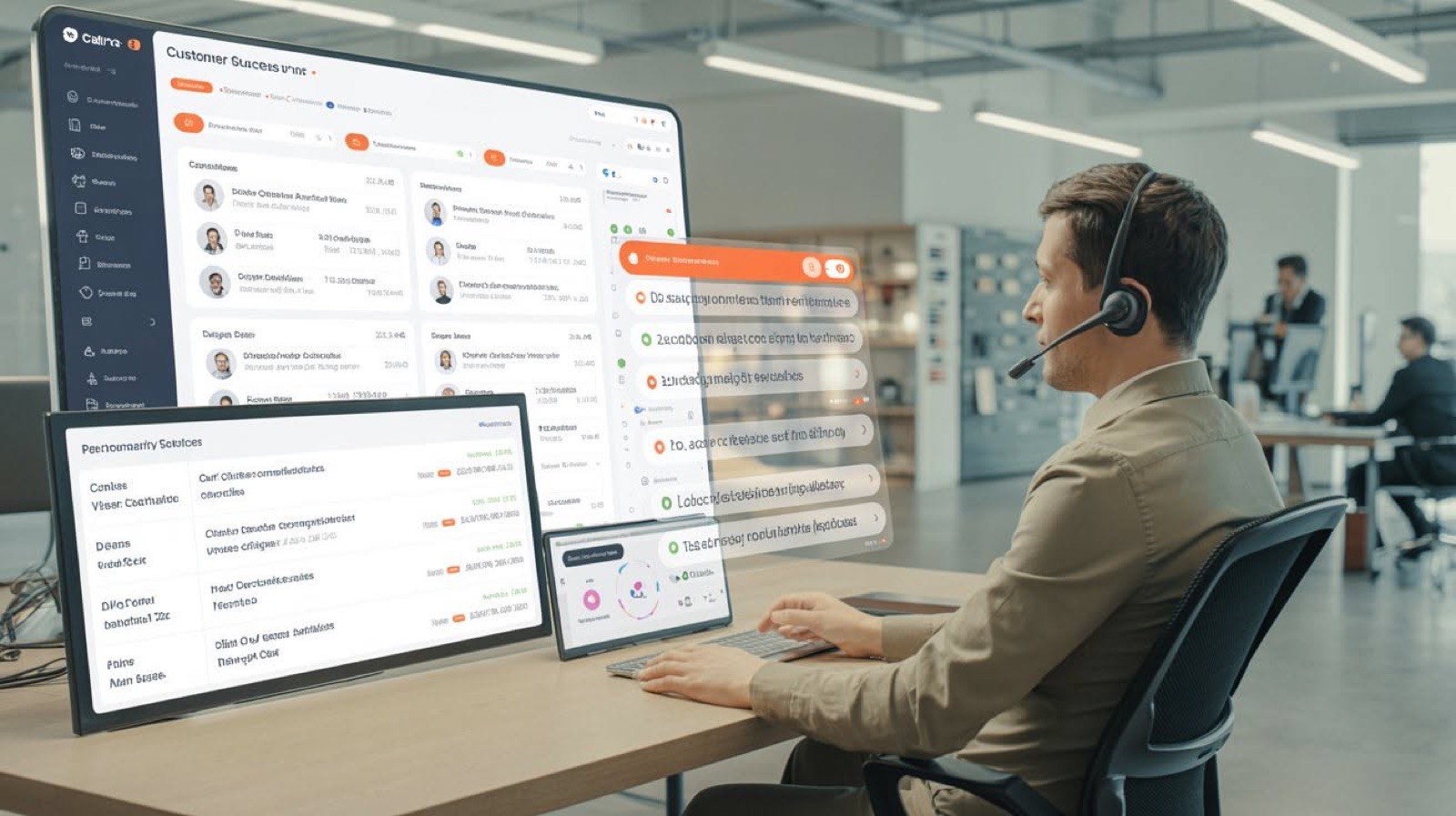 A coordinator on a headset working through records on large screens