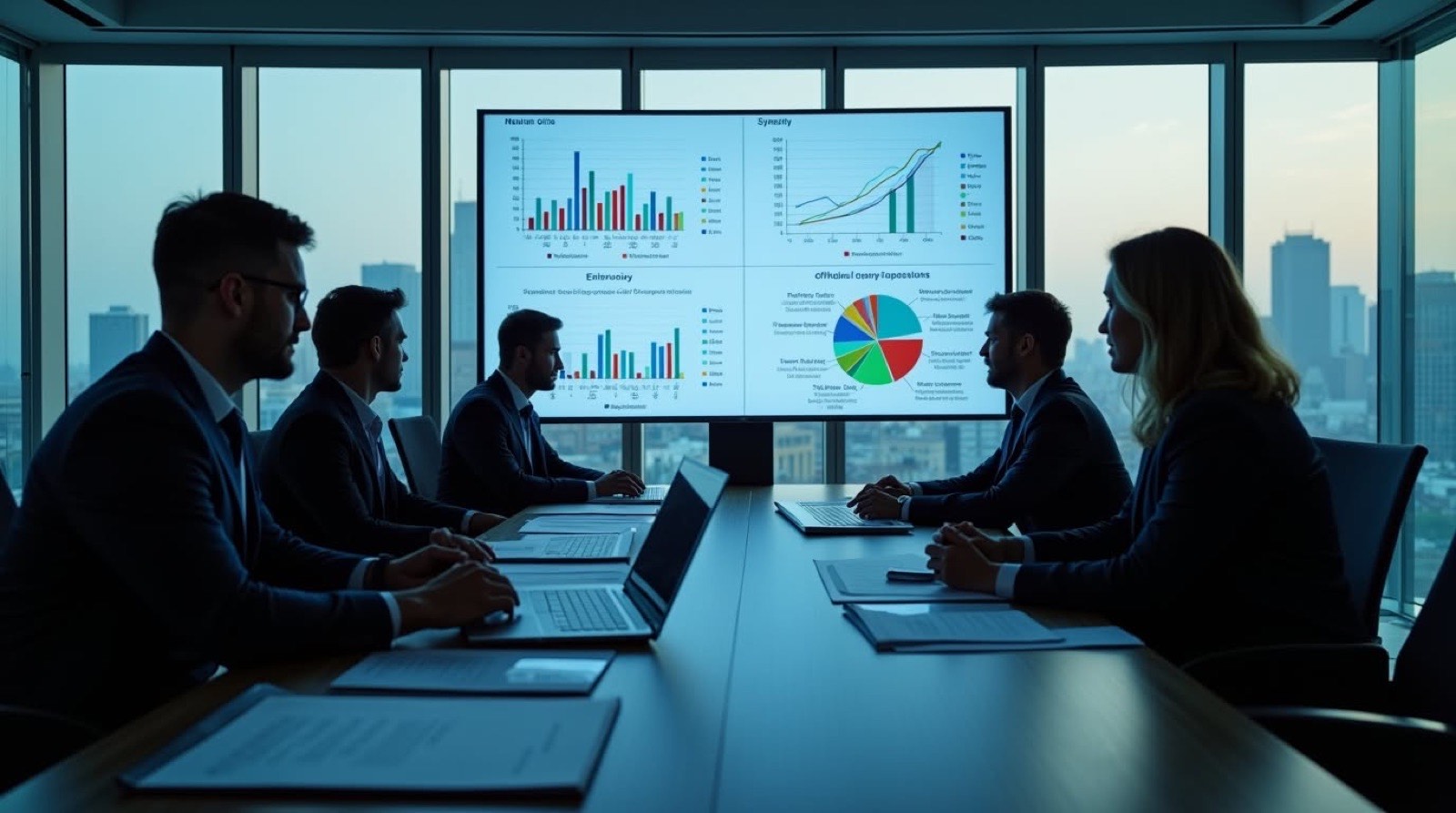 A team reviewing charts on a large screen in a meeting room at dusk
