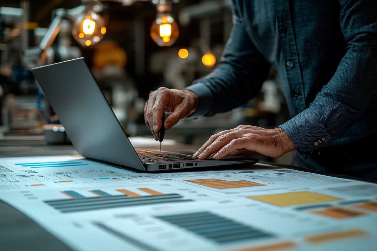 Hands working on a laptop over printed charts on a desk