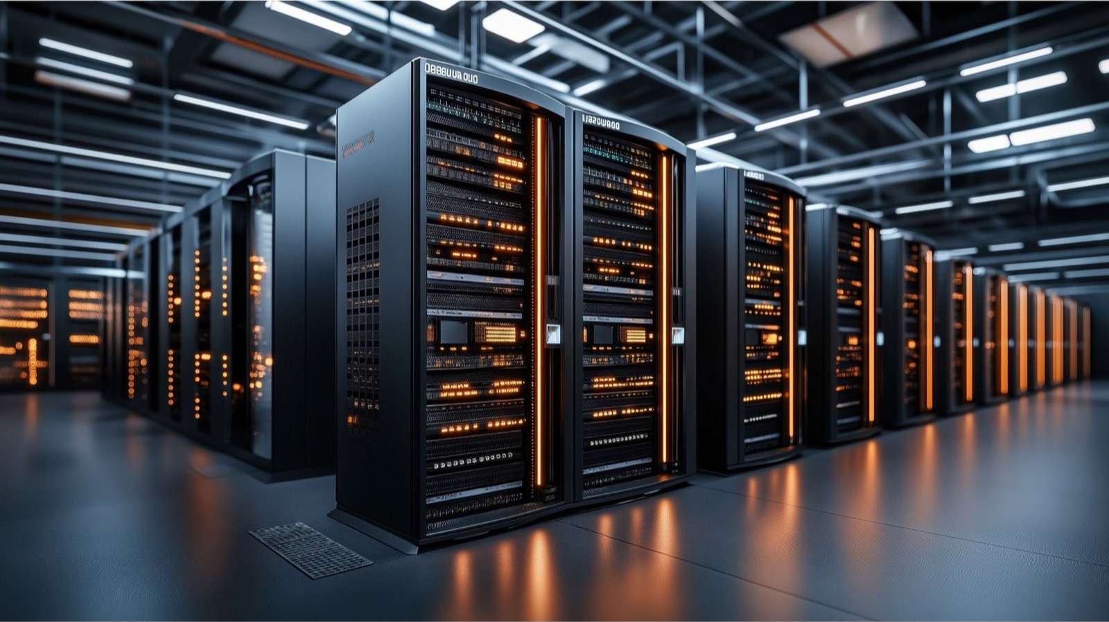 Rows of server racks with amber status lights in a data centre