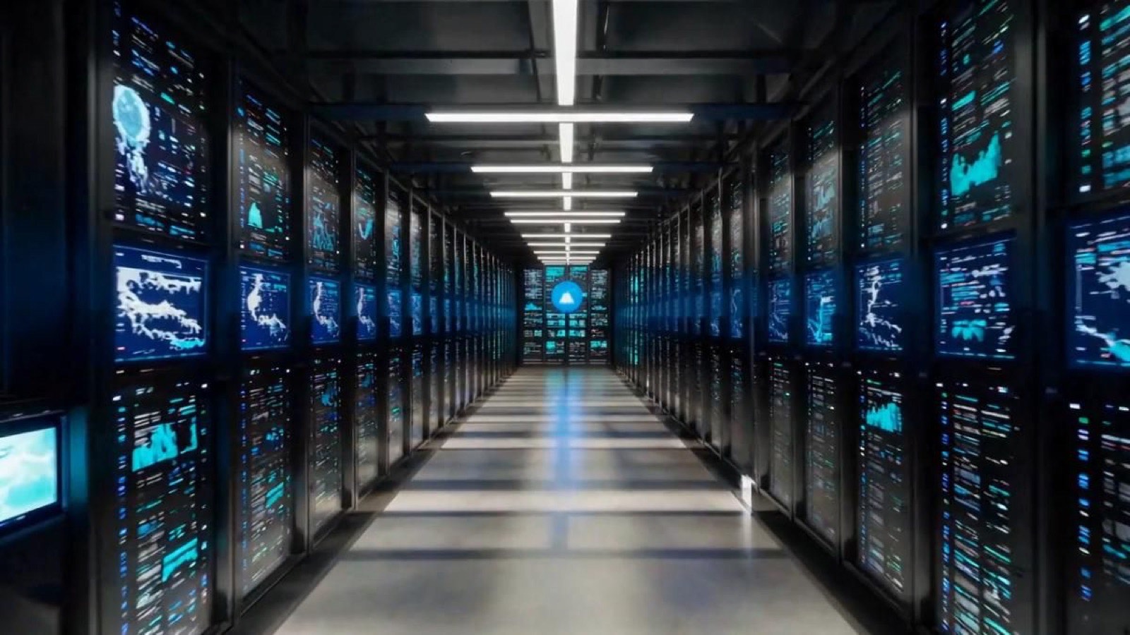 A long corridor of server racks lit in teal