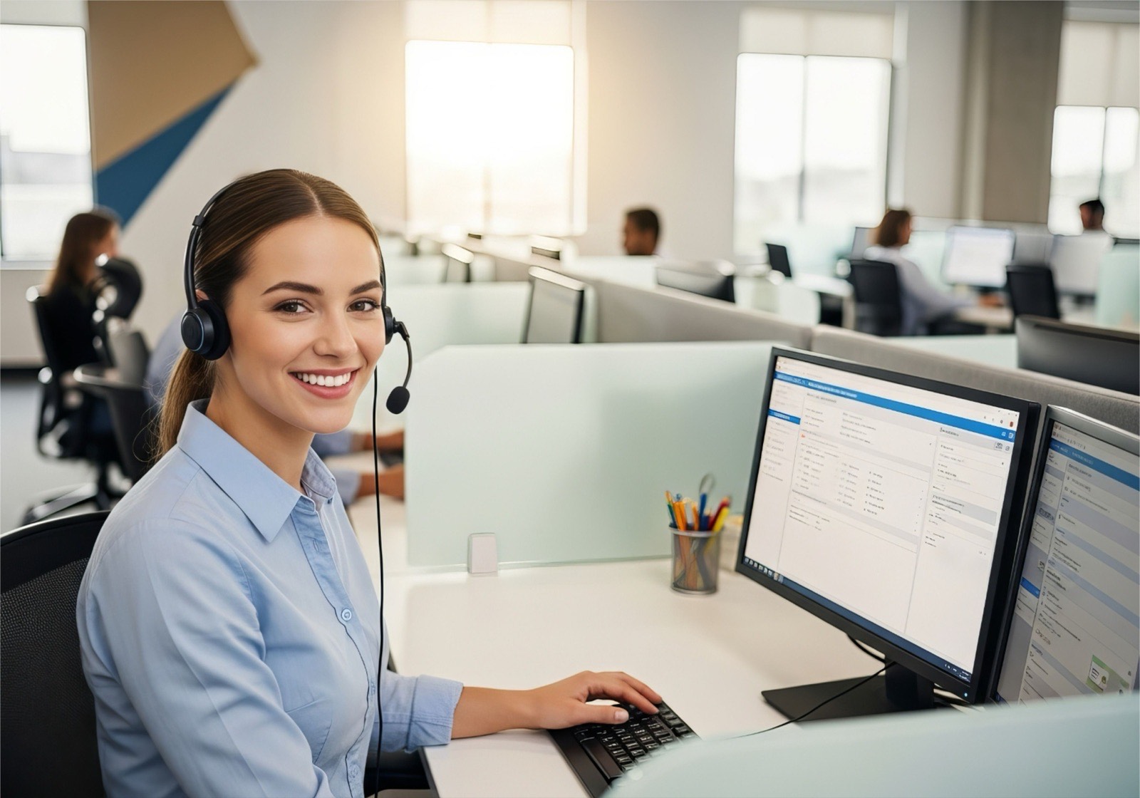 An operations coordinator on a headset answering client queries at her desk