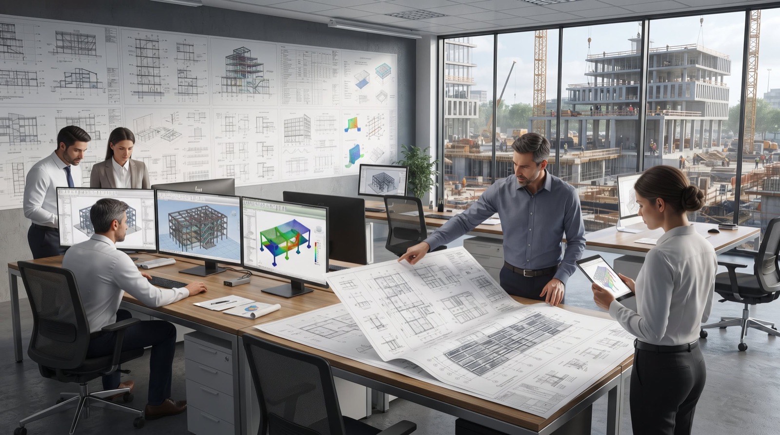 Engineers and operations staff working side by side over drawings, screens and a tablet