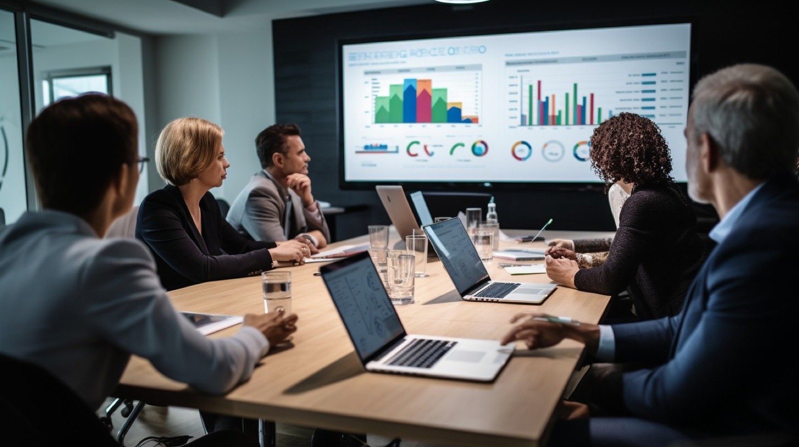 An operations team around a meeting table reviewing charts on a large screen