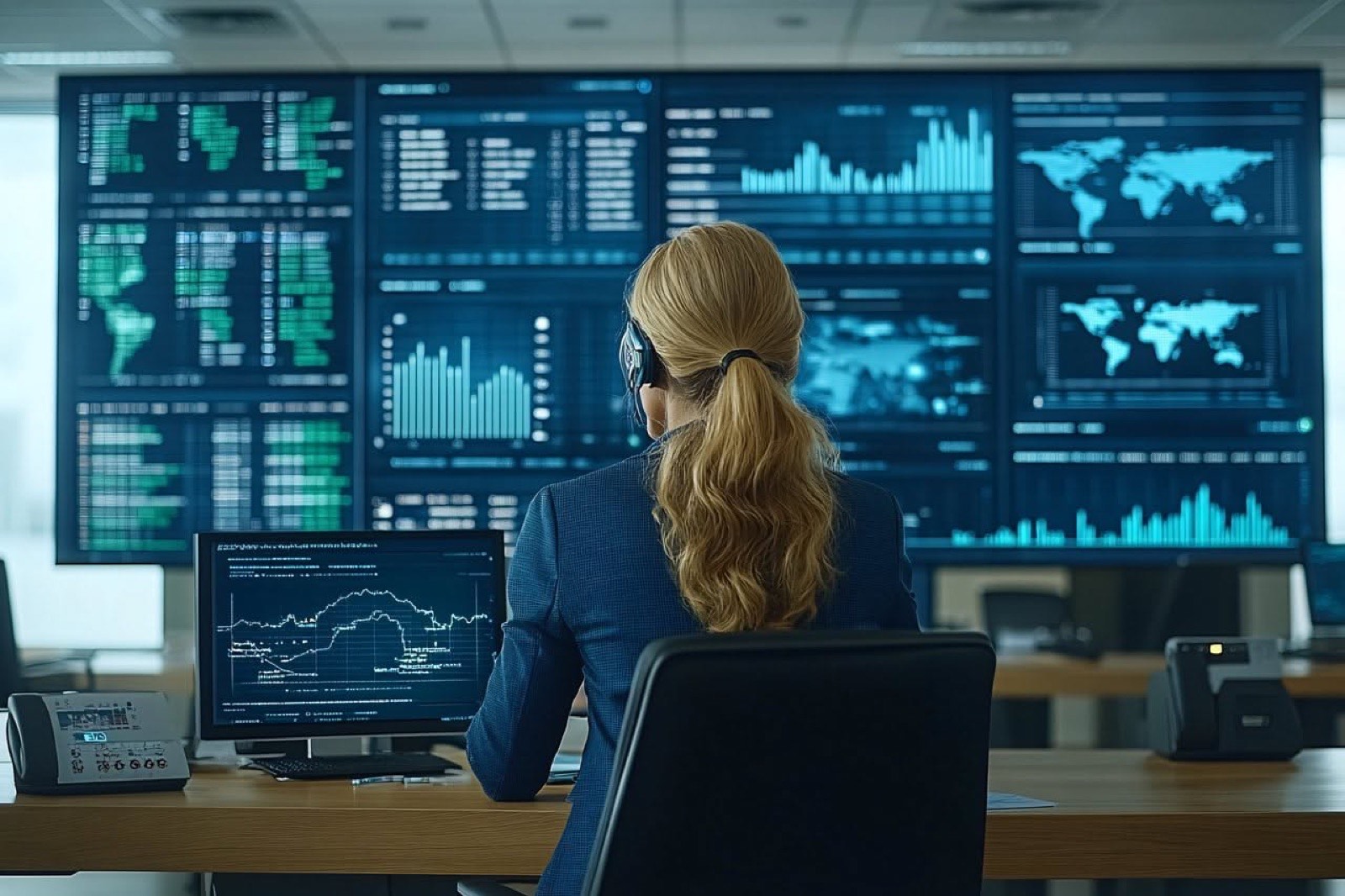 An analyst reviewing financial dashboards on a large wall display