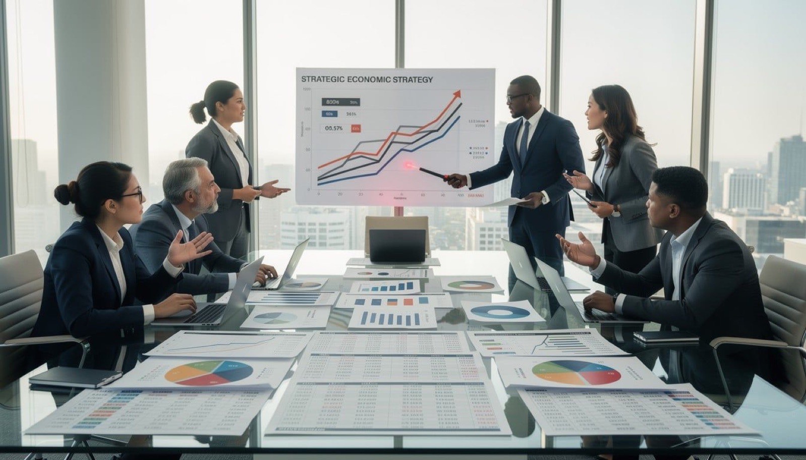 A team reviewing a strategy chart and printed reports around a meeting table