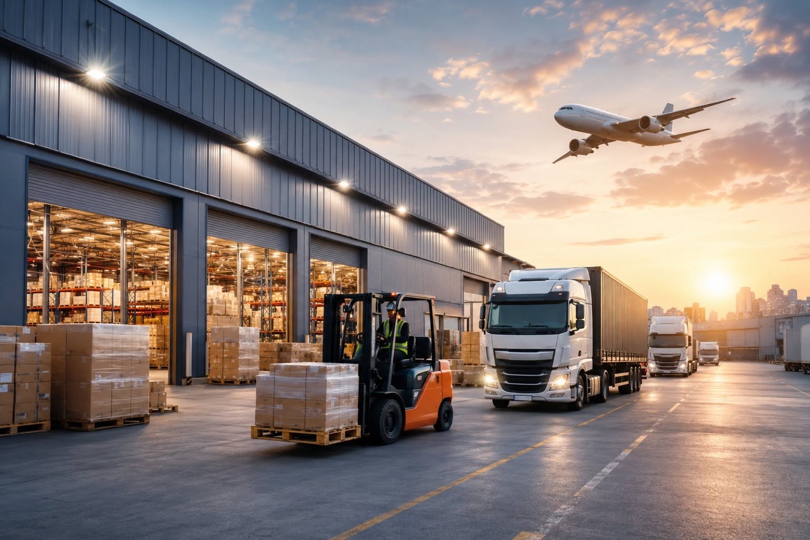A forklift and trucks at a warehouse loading dock at sunset