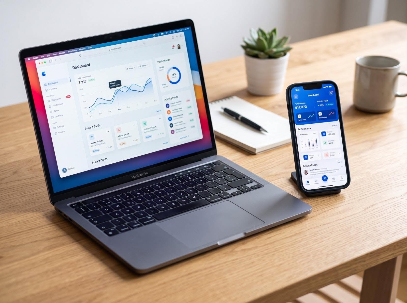 A laptop and a phone on a desk, both showing a web dashboard