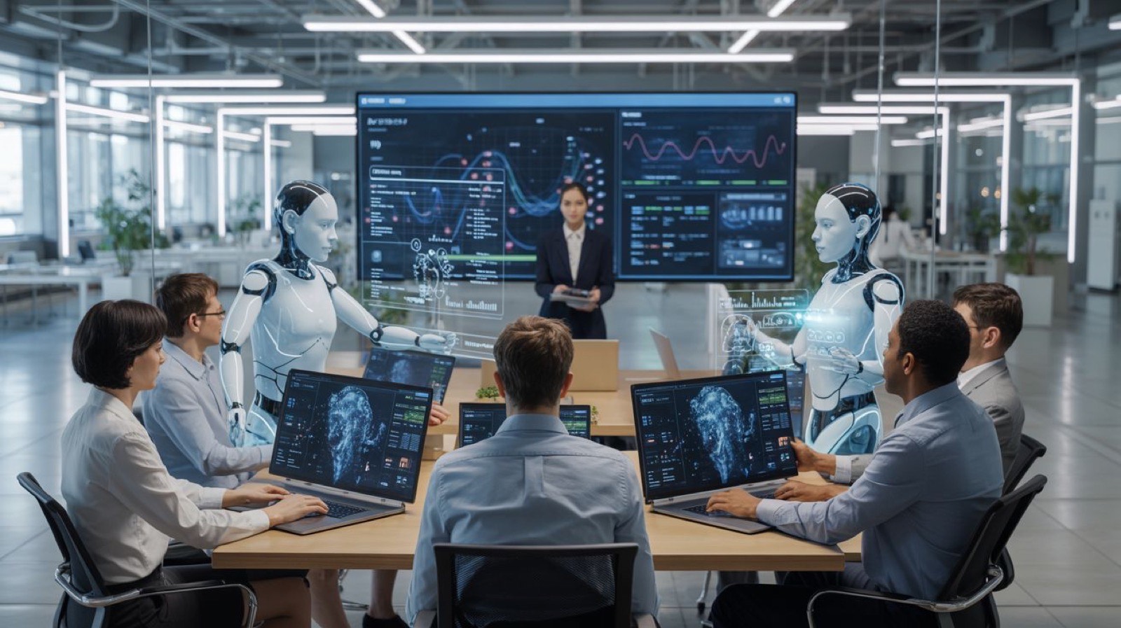 A team at laptops in front of a wall of dashboards during a working session