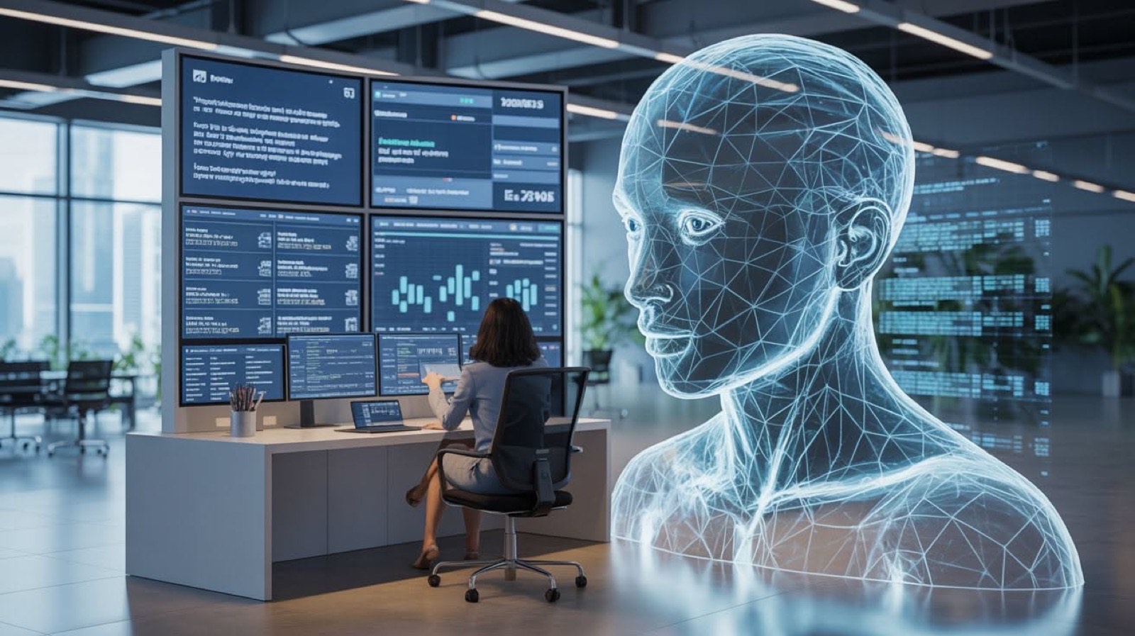 A person at a desk beside a wall of dashboards and a wireframe model of a head