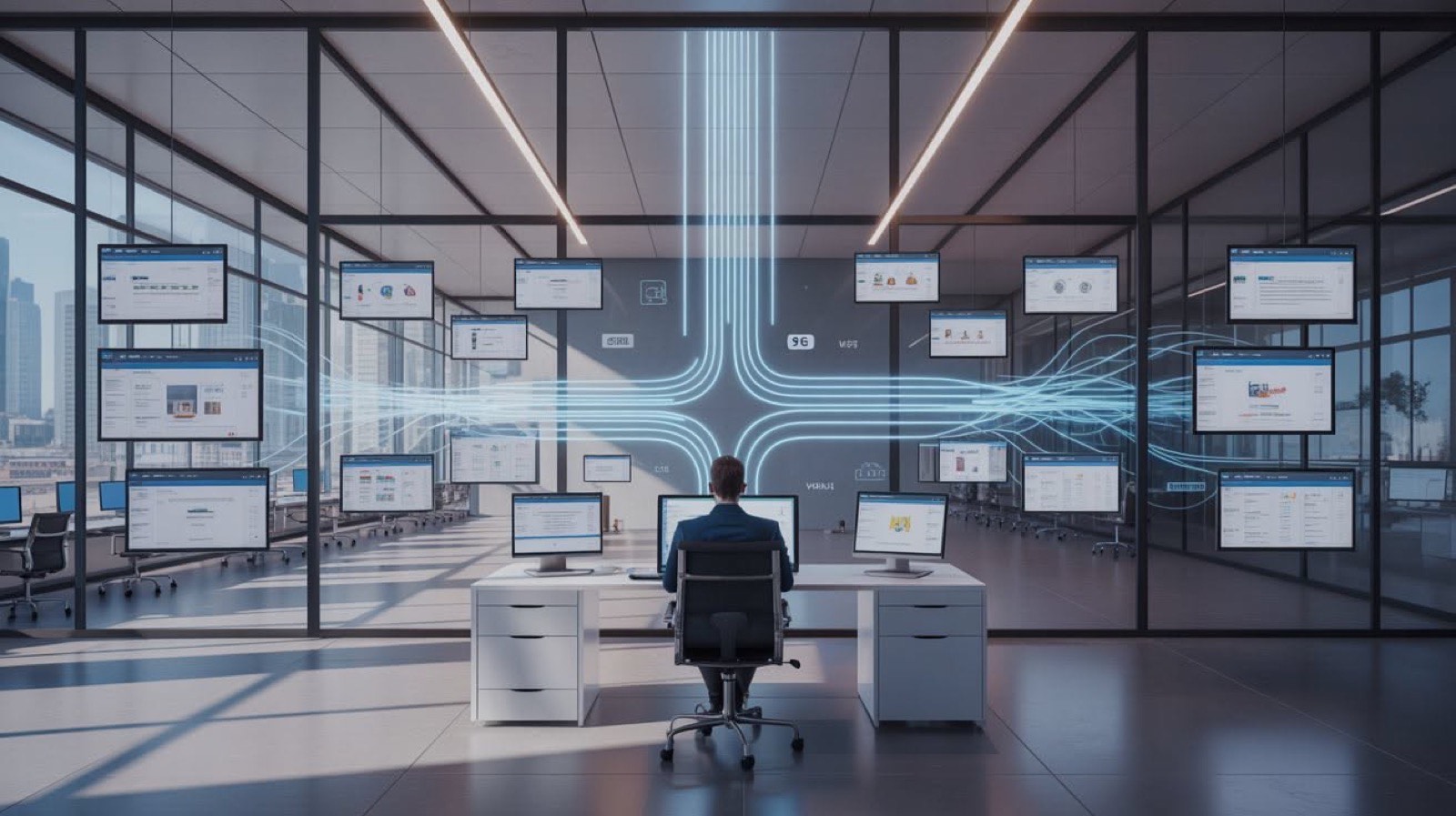A person at a desk in a glass office surrounded by flowing data lines