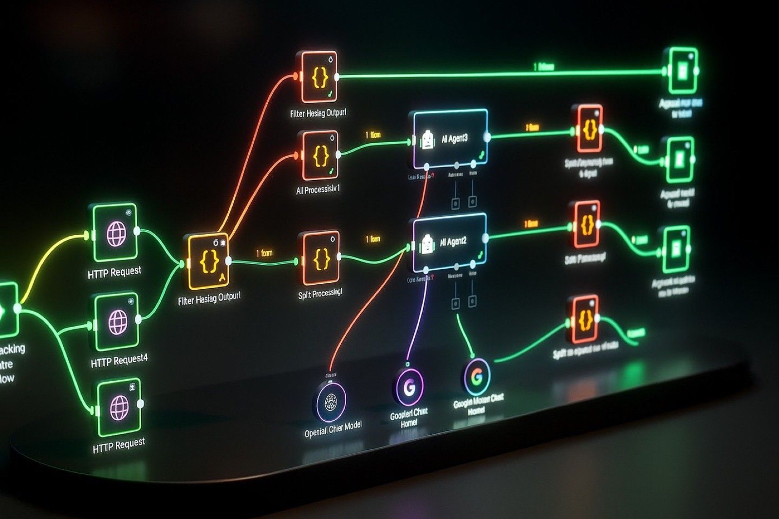 A glowing workflow graph of connected automation steps