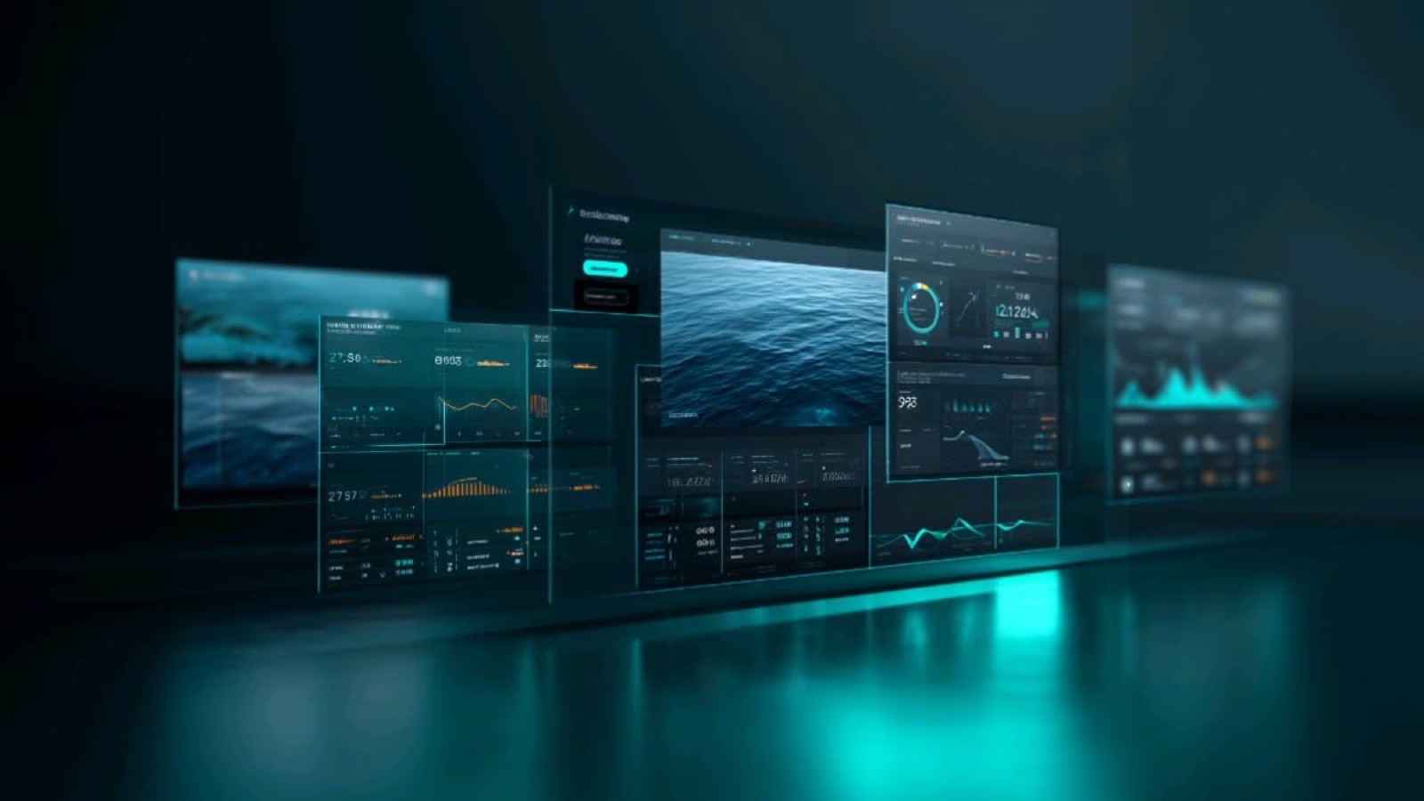 Operations dashboards on glass screens in a dark, teal-lit room