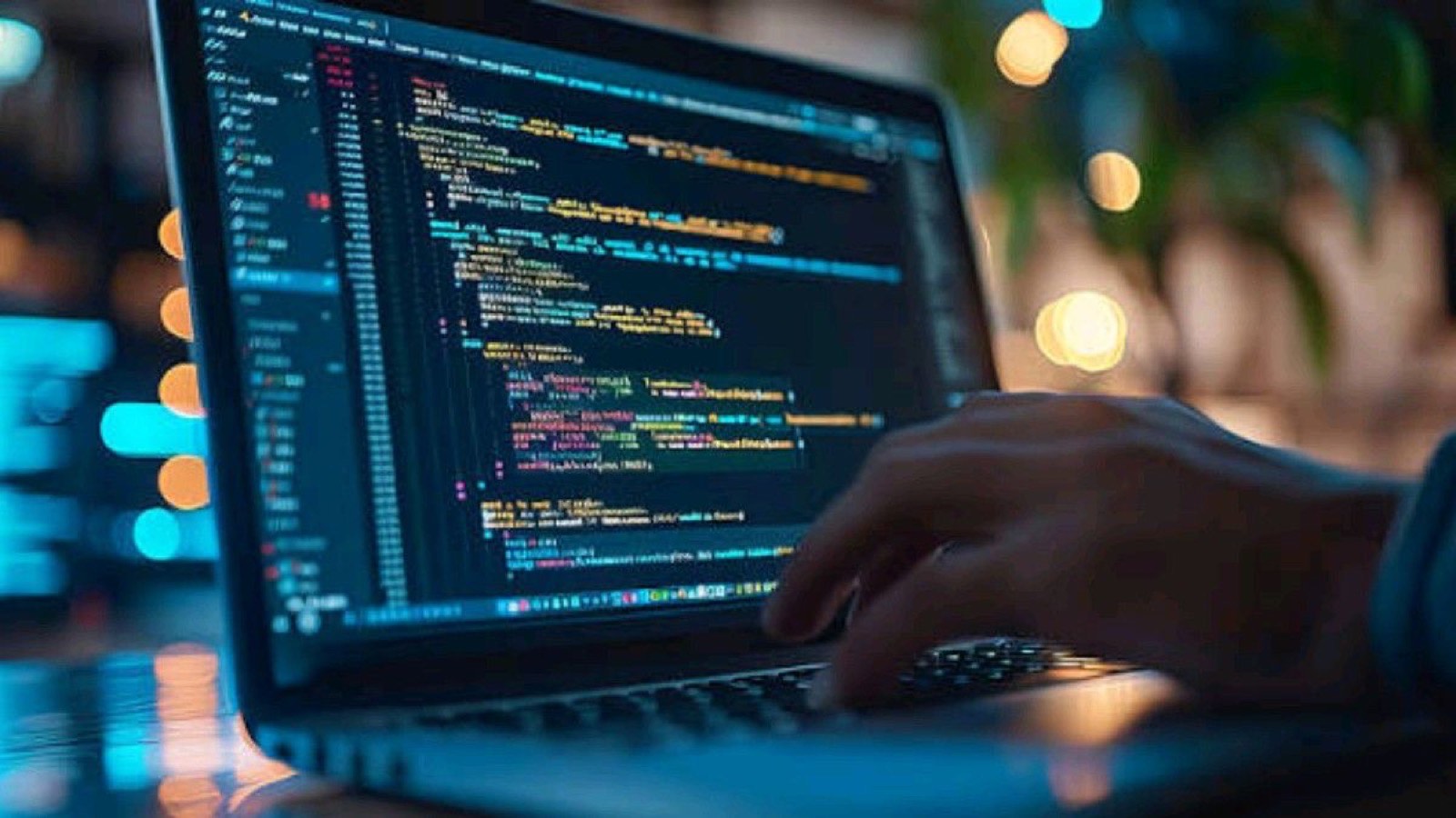 Code on a laptop screen in a dark room
