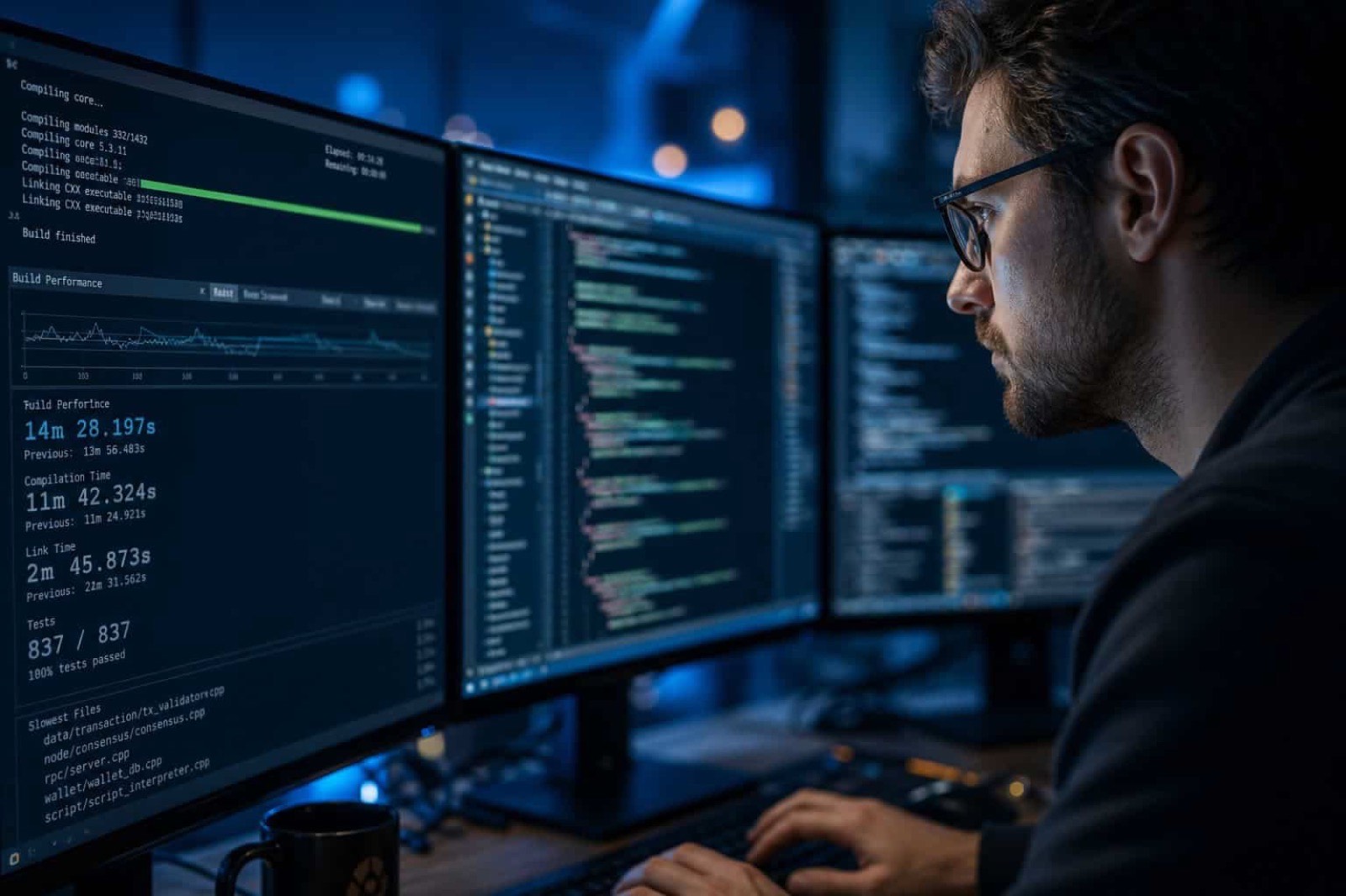 A developer reading code across two monitors