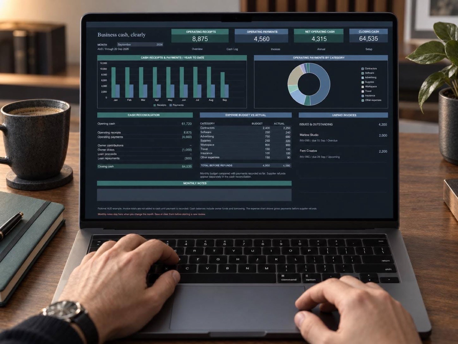 Hands on a laptop showing a cash flow dashboard