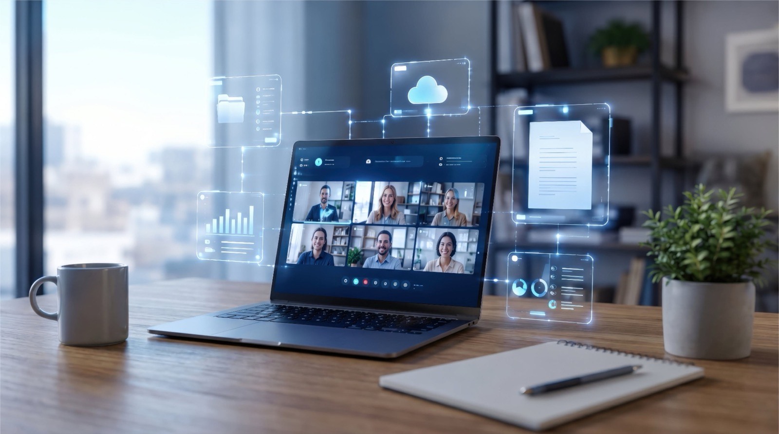 A laptop on a desk showing a video call beside document and cloud icons