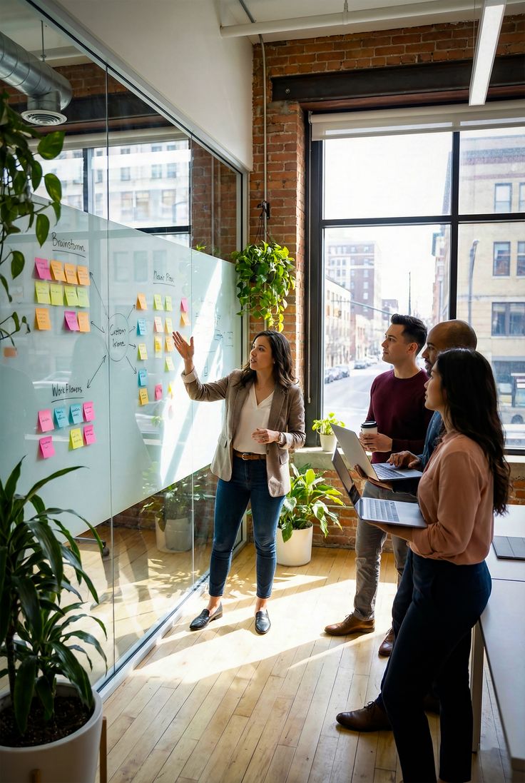 A team planning a workflow on a glass wall covered in sticky notes