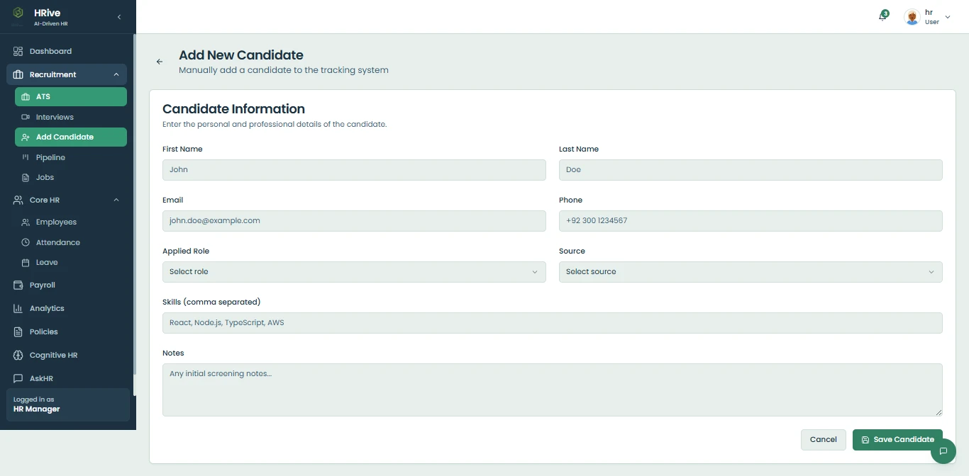 HRive form for adding a candidate to the tracking system
