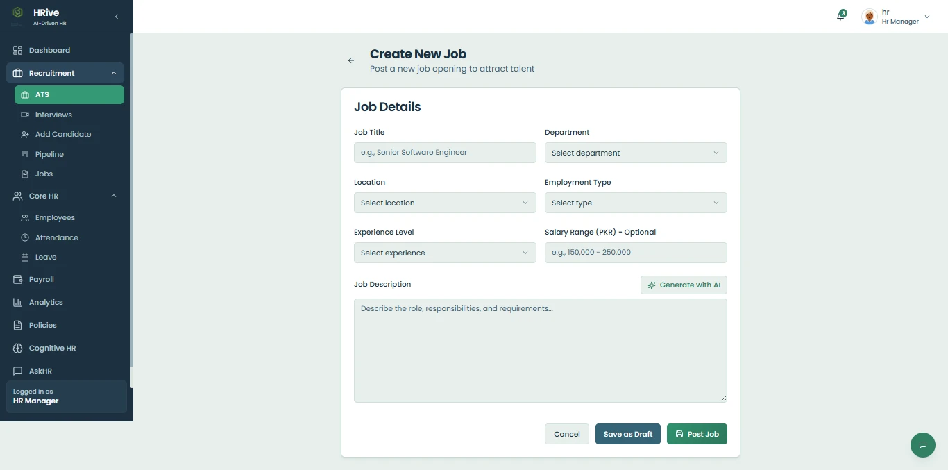HRive form for creating a new job opening with department, location and description