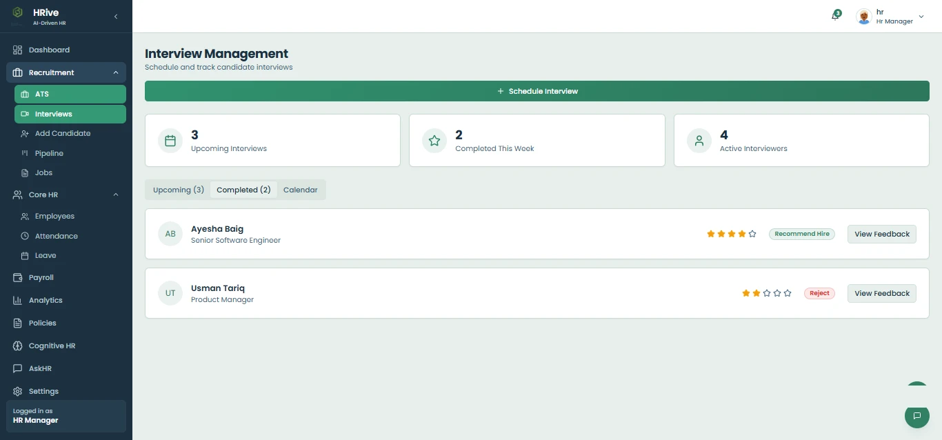 HRive completed interviews with interviewer ratings and hiring recommendations