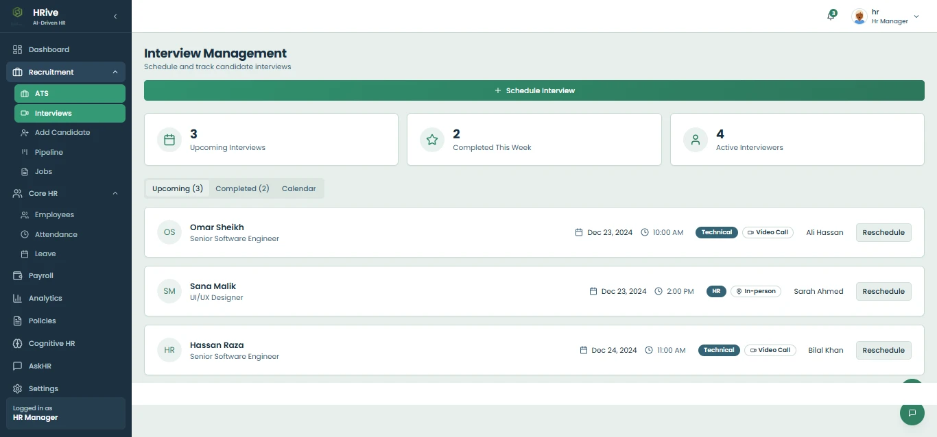 HRive interview management listing upcoming interviews with date, type and interviewer