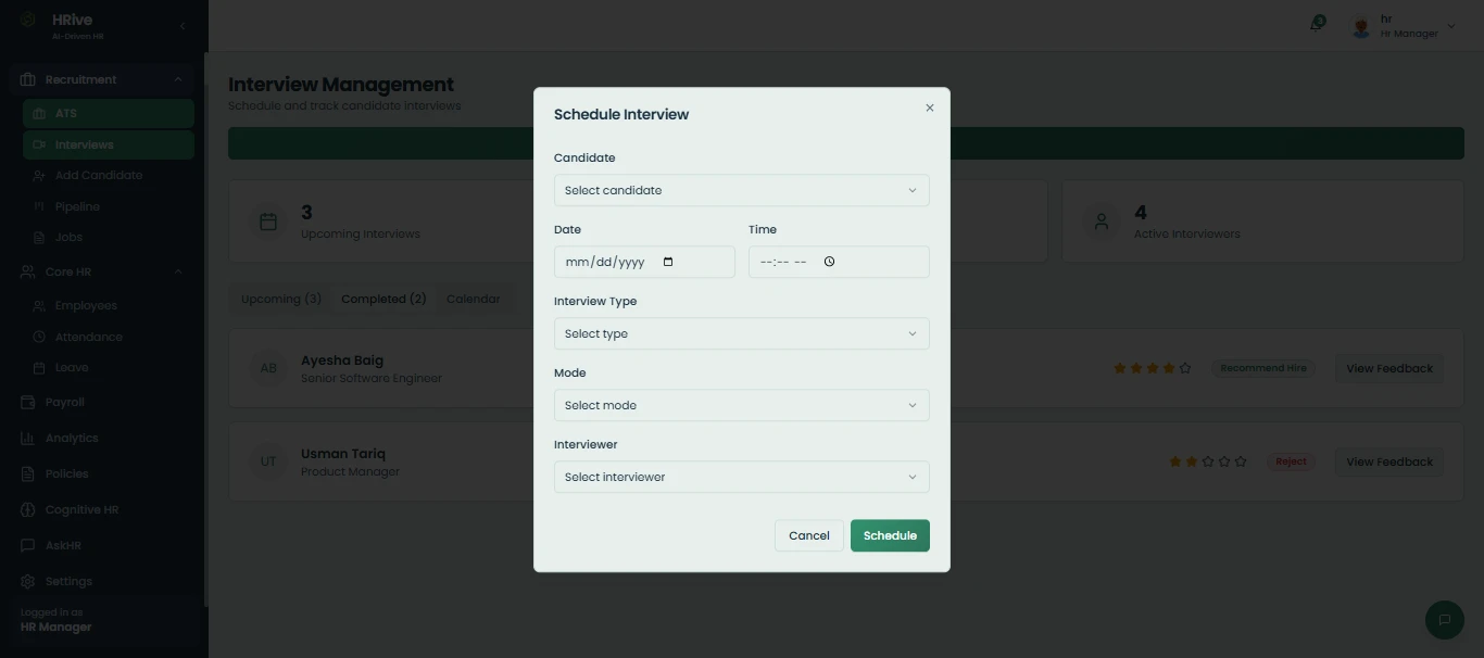 HRive dialog for scheduling an interview with candidate, date, type, mode and interviewer